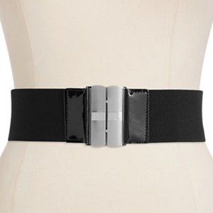 RALPH LAUREN Black Stretch Logo Silver Buckle Patent Leather Wide Belt L